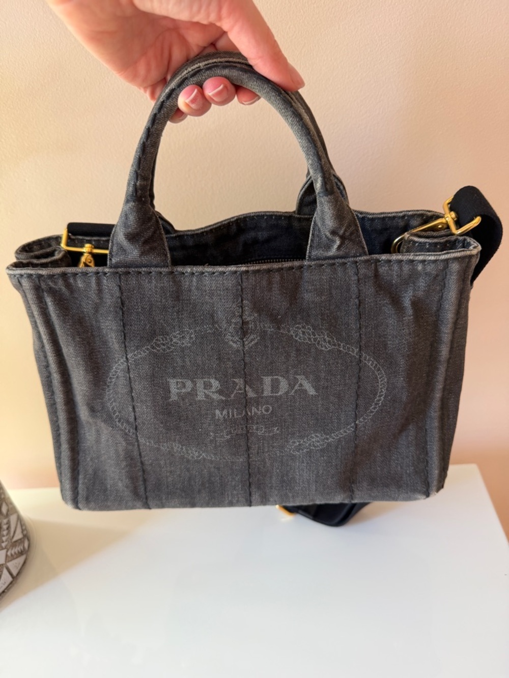 Prada Black Gray Canvas Tote with Gold Hardware